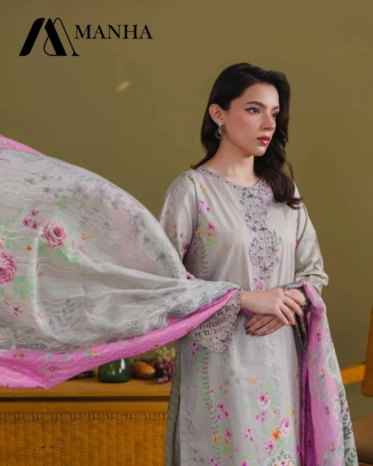 Women's Ready-to-Wear 3-Piece Printed & Embroidered Lawn Suit with Crinkle Chiffon Dupatta & Bottom
