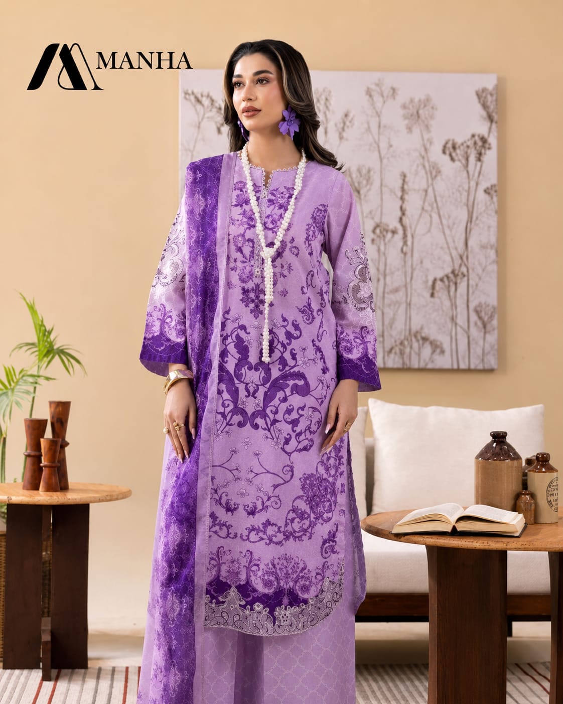 Women's Stitched 3-Piece Printed & Embroidered Lawn Suit with Crinkle Chiffon Dupatta
