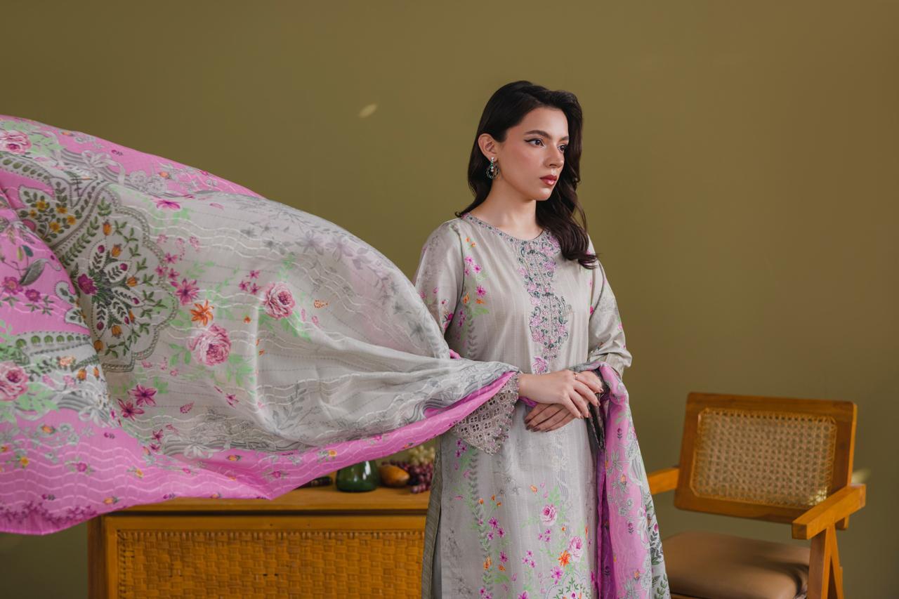 Women's Ready-to-Wear 3-Piece Printed & Embroidered Lawn Suit with Crinkle Chiffon Dupatta & Bottom