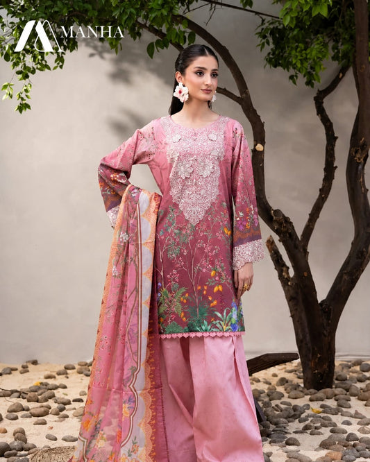 Women's Ready-to-Wear 3-Piece Printed & Embroidered Lawn Suit with Crinkle Chiffon Dupatta