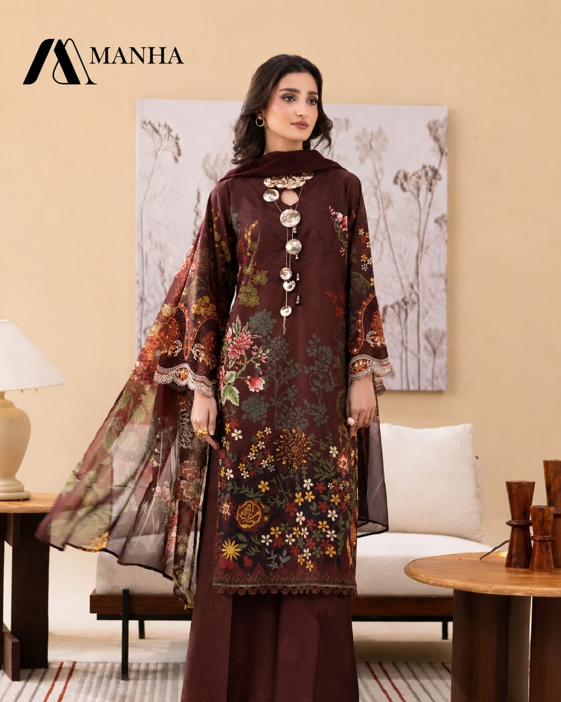 Women's Stitched 3-Piece Embroidered Printed Lawn Suit with Crinkle Chiffon Dupatta