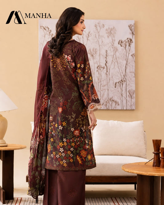 Women's Stitched 3-Piece Embroidered Printed Lawn Suit with Crinkle Chiffon Dupatta
