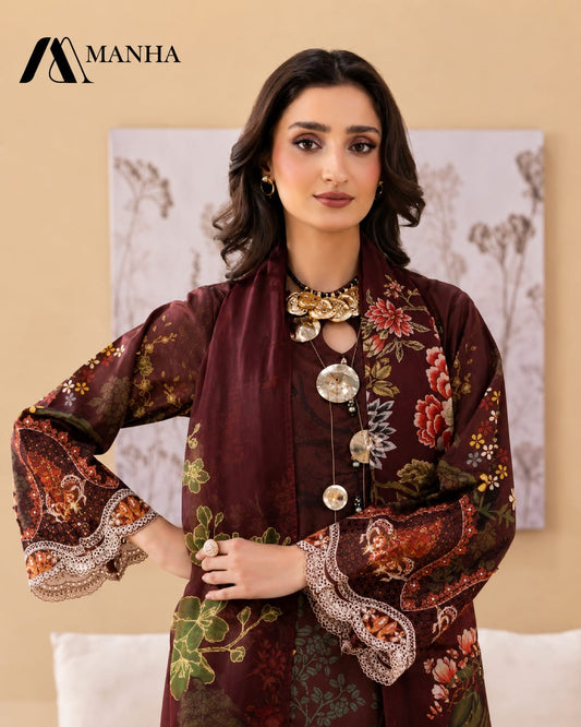 Women's Stitched 3-Piece Embroidered Printed Lawn Suit with Crinkle Chiffon Dupatta