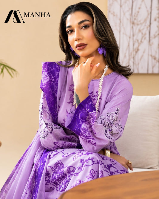 Women's Stitched 3-Piece Printed & Embroidered Lawn Suit with Crinkle Chiffon Dupatta