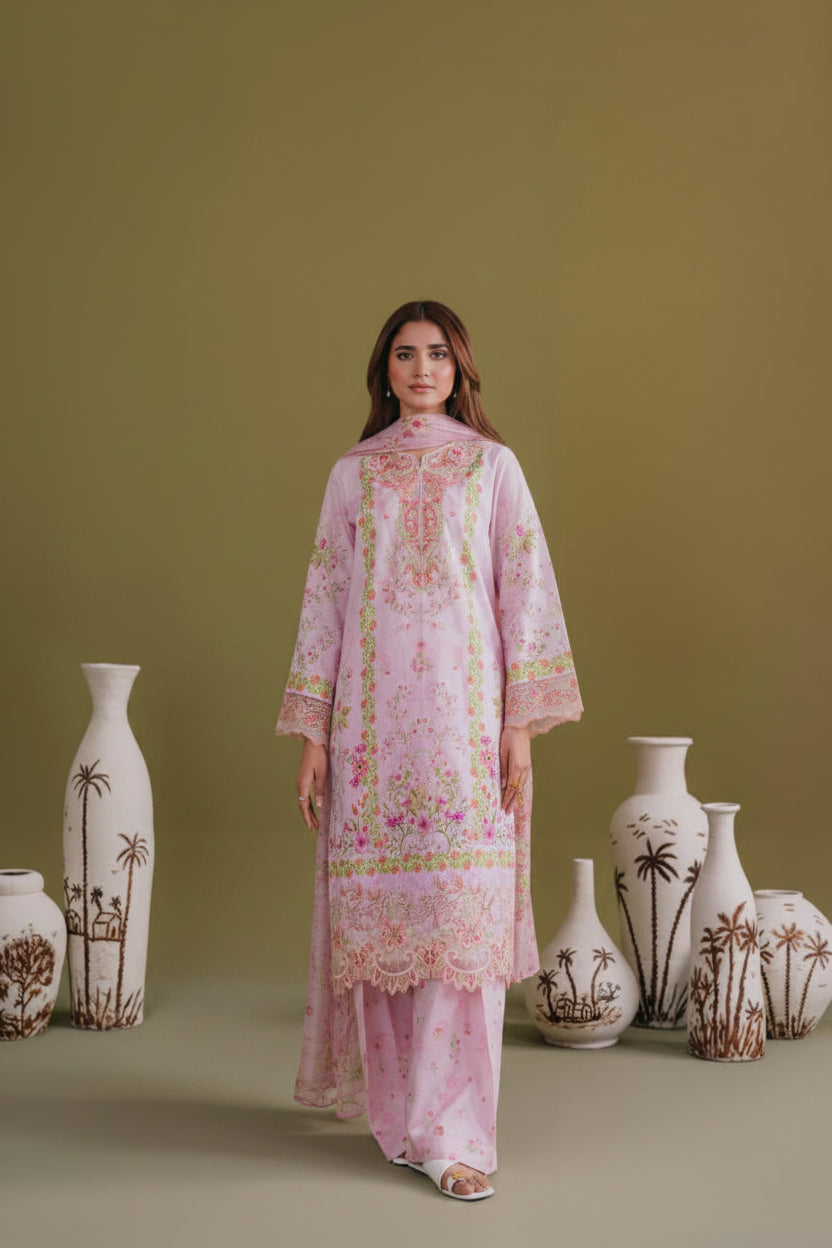Women's Ready-to-Wear 3-Piece Printed & Embroidered Lawn Suit with Crinkle Chiffon Dupatta & Flared Bottom