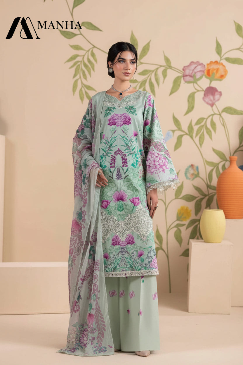 Women's Stitched 3-Piece Printed &amp; Embroidered Lawn Suit with Crinkle Chiffon Dupatta &amp; Flared Bottom