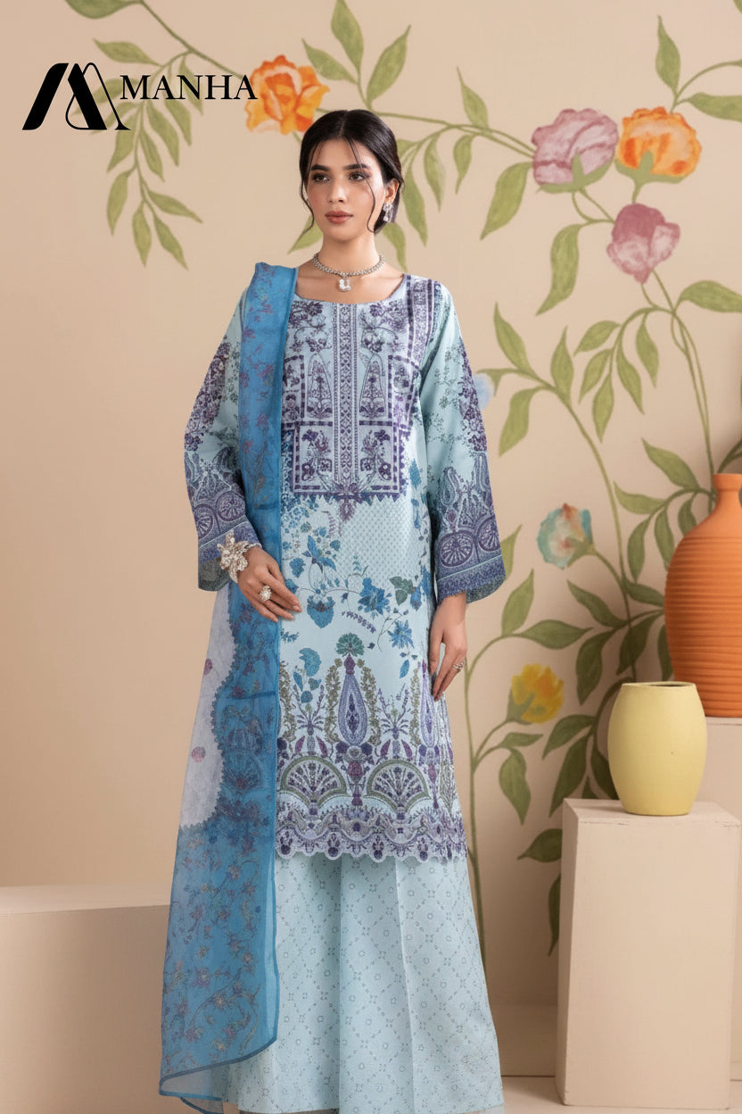 Women's Ready-to-Wear 3-Piece Printed & Embroidered Lawn Suit with Flared Trousers